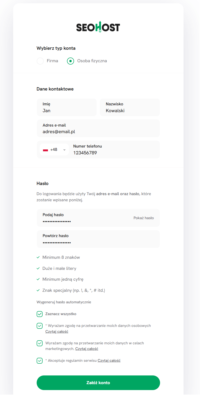 rejestracja konta w seohost.pl